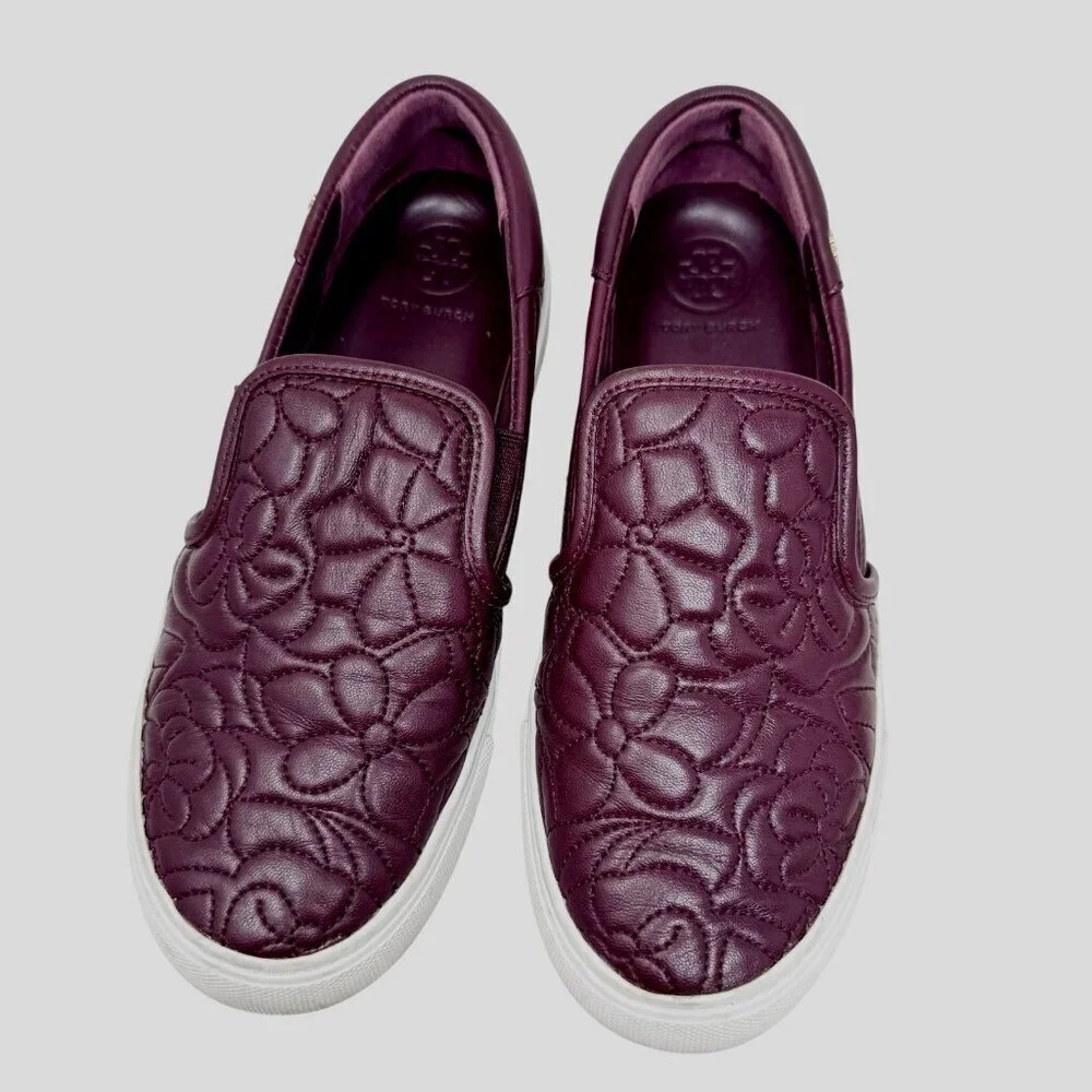 Tory Burch Sela Burgundy Floral Quilted Leather Slip On Sneakers size 6